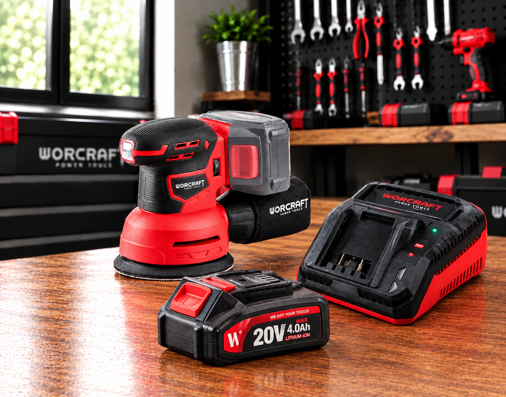 PONCEUSE EXCENTRIQUE SANS FIL WORCRAFT 20V – PACK COMPLET